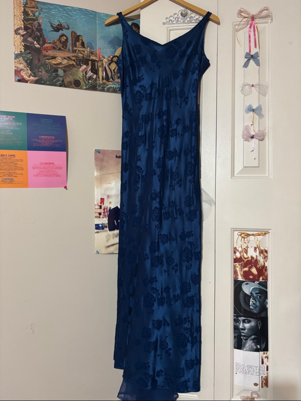 90’s Vintage Burnout Velvet Satin Maxi Dress Chiffon Bias Gown Blue Grunge Fairy
